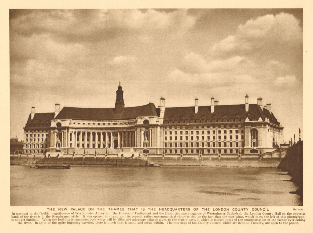 County Hall, incomplete. London County Council headquarters 1926 old print